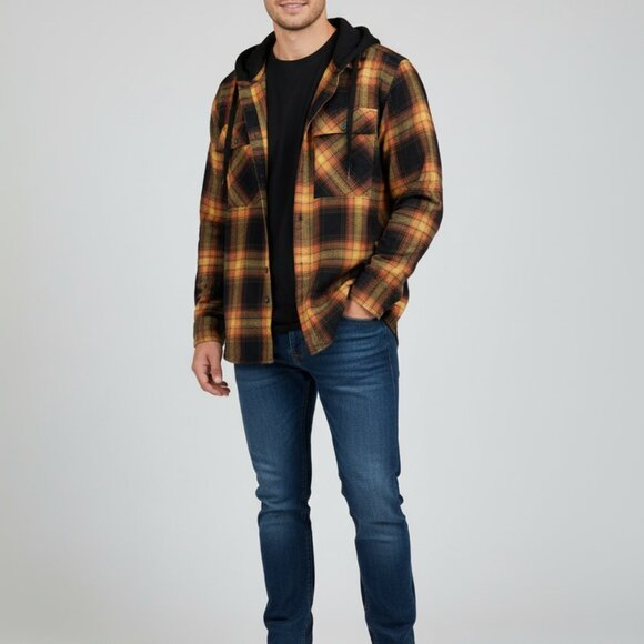No Boundaries Oversized Hooded Flannel Shirt / Jacket – Orange/Black Plaid - Picture 1 of 5